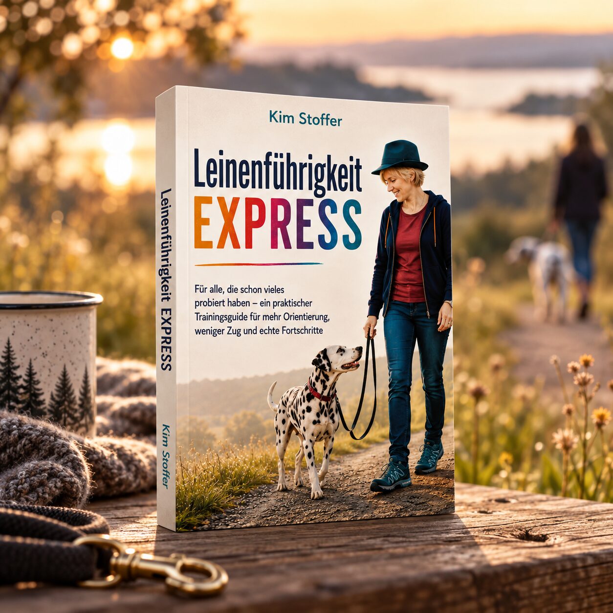 Frau mit angeleintem Dalmatiner auf dem Buchcover von Leinenführigkeit EXPRESS