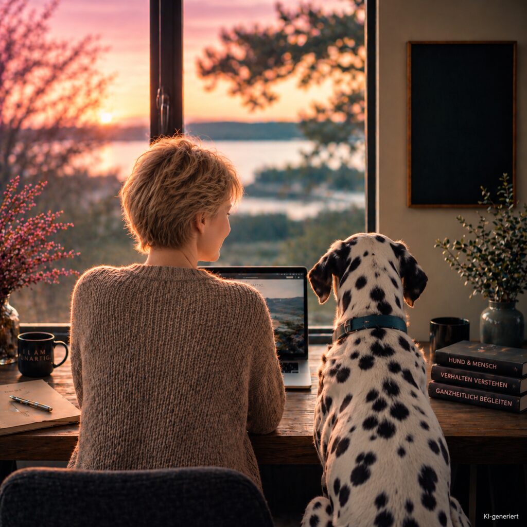Frau sitzt mit Hund am PC und schaut aktuelles an